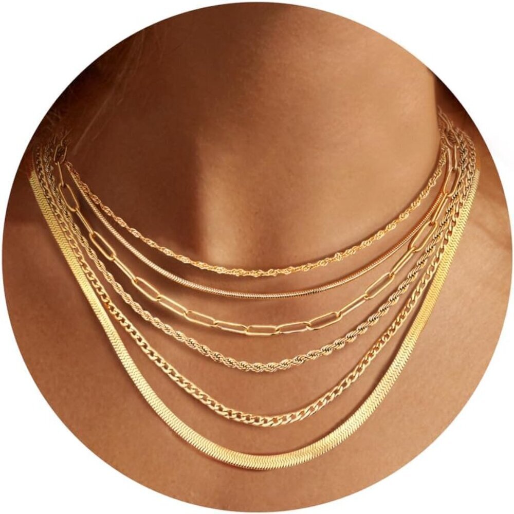 Gold Layered Necklace Set for Women Herringbone Snake Paperclip Chain Jewelry